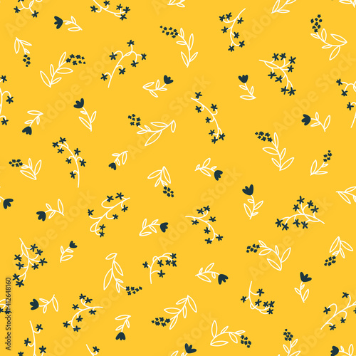 Floral seamless vector pattern with small flowers. Simple hand-drawn style. Motifs scattered liberty. Pretty ditsy background for fabric, textile, wallpaper. Digital paper in yellow color