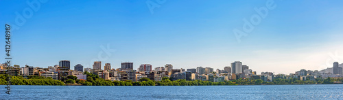 Panoramic image of the Leblon and Ipanema neighborhoods in Rio de Janeiro with their buildings seen from Rodrigo de Freitas Lagoon