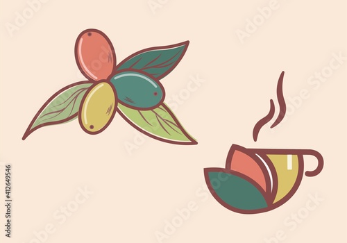 Two logos. Coffee beans and a cup. Vector illustration. Flat icon on a beige background.