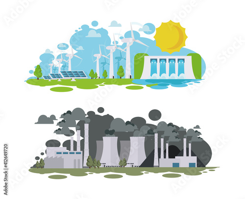 eco power vector illustration icons types energy generation. set icons renewable alternative energy. Inergen sun, wind, water, resources. set a windmill, solar battery,coal ,nuclear, Hydropower