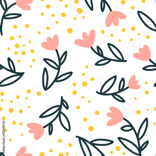 Floral seamless vector pattern with small flowers. Simple hand-drawn style. Motifs scattered liberty. Pretty ditsy for fabric, textile, wallpaper. Digital paper in white background.