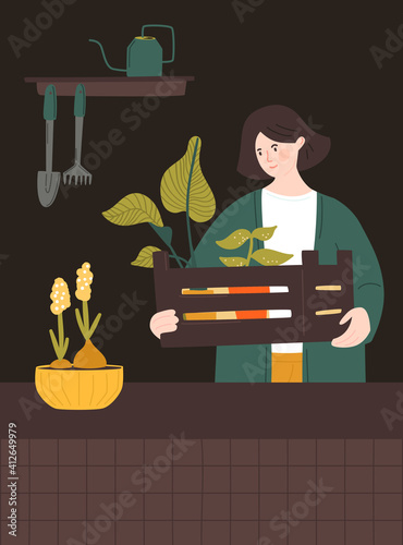 Woman holding a wooden box with houseplants. Home gardener taking care for potted plants. Room interior with tools, watering can on shelf. Urban jungle vector illustration.