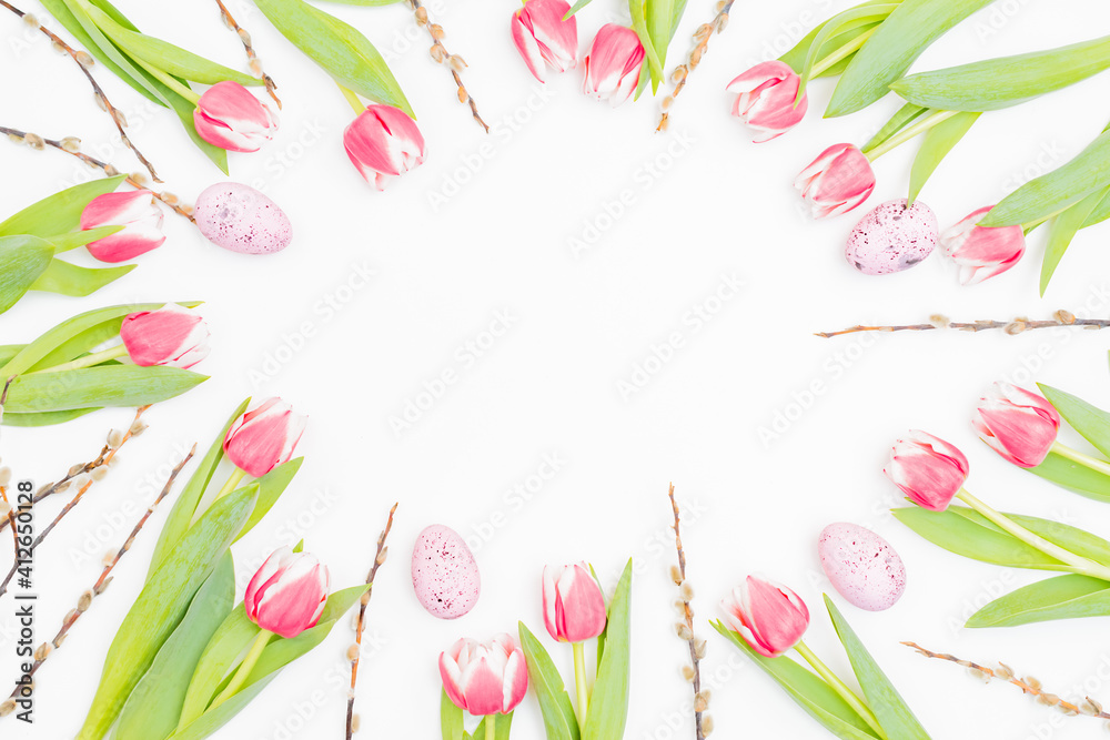 Fototapeta Flat lay easter composition with pink tulips and eggs on white background
