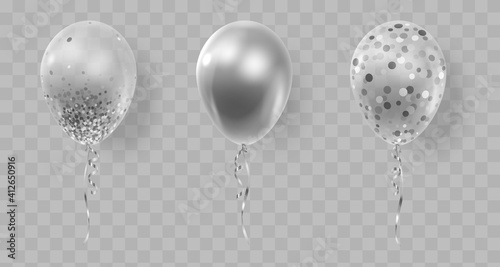 Set of three realistic ballons, silver, transparent with confetti, paper circles and ribbons. Vector illustration for card, party, design, flyer, poster, decor, banner, web, advertising. 