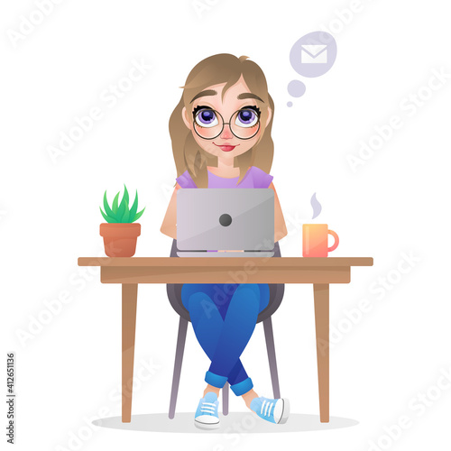 Thinking Girl with notebook, with  glasses, shirt, blue jeans and sneakers, and with plant, succulent in a pot and cup of coffee on a table. Vector illustration isolated on white background.