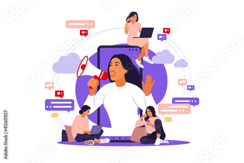 Woman with megaphone on screen mobile phone and young people surrounding her. Vector illustration in flat with characters - influence blogger promotion services and goods for his followers online.