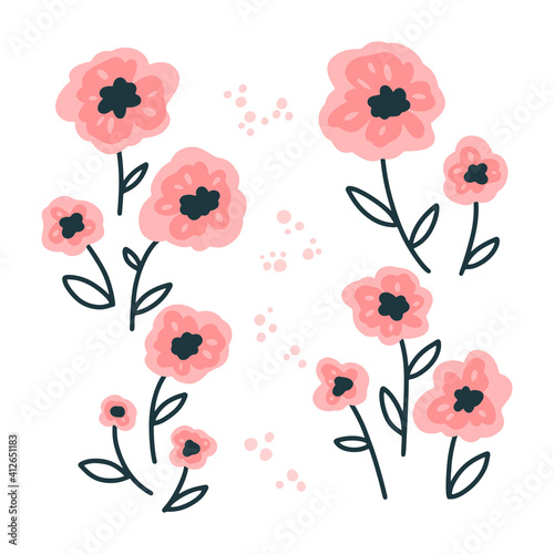 Fototapeta Naklejka Na Ścianę i Meble -  Poppy, rose collection flowers. Simple cartoon hand-drawn style. Pretty ditsy Scandinavian doodle. Vector isolates on a white background. Cute spring illustration.