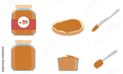 Peanut butter in a jar, spread on bread, on a spoon and knife. Flat. Vector illustration.
