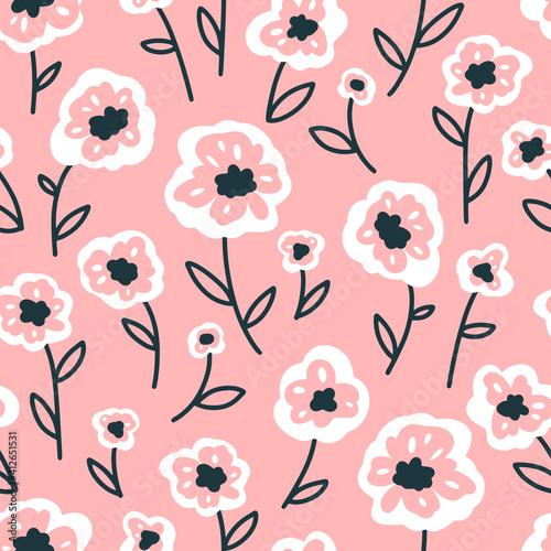 Floral seamless vector pattern with small flowers. Simple hand-drawn style. Motifs scattered liberty. Pretty ditsy for fabric, textile, wallpaper. Digital paper in pink background