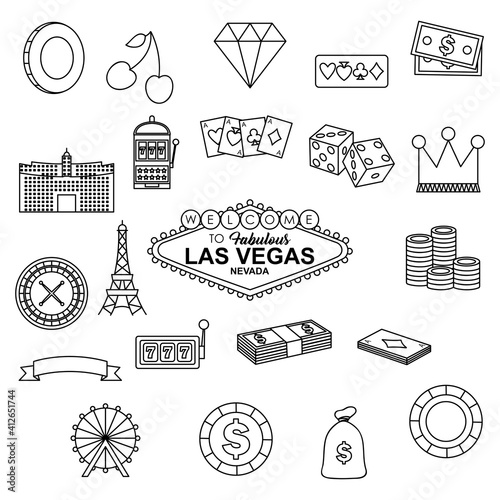 las vegas casino icon set, line style