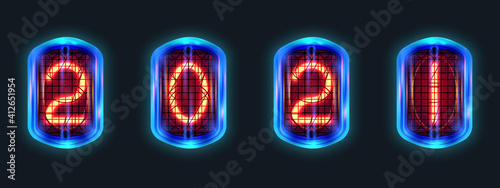 Retro neon numbers year 2021 from red lamps in-12, nixie tube indicator, lamp gas-discharge indicator, warm light, in glass with blue lighting on dark background. Vector steampunk illustration.