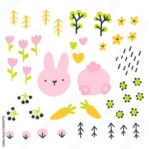Cute set with a rabbit bunny in a naive hand-drawn style. Cartoon character with forest nature elements. Vector isolate on a white background. Woodland in summer. © Світлана Харчук