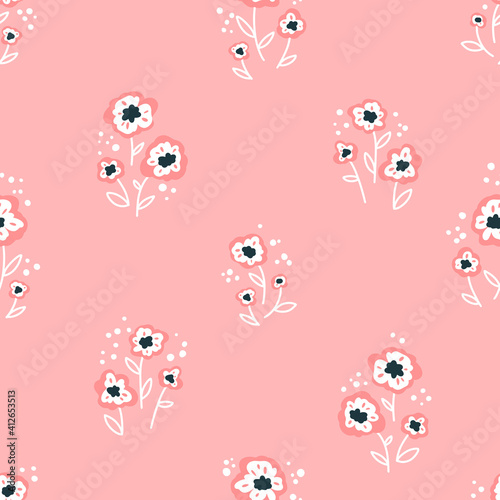 Floral seamless vector pattern with small flowers. Simple hand-drawn style. Motifs scattered liberty. Pretty ditsy for fabric, textile, wallpaper. Digital paper in pink background
