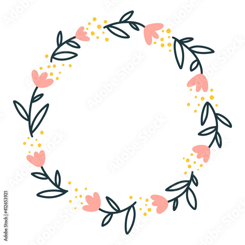 Round floral frame template with cute wildflowers. Simple cartoon hand-drawn style. Pretty ditsy Scandinavian doodle. Vector isolated on a white background. Spring illustration.