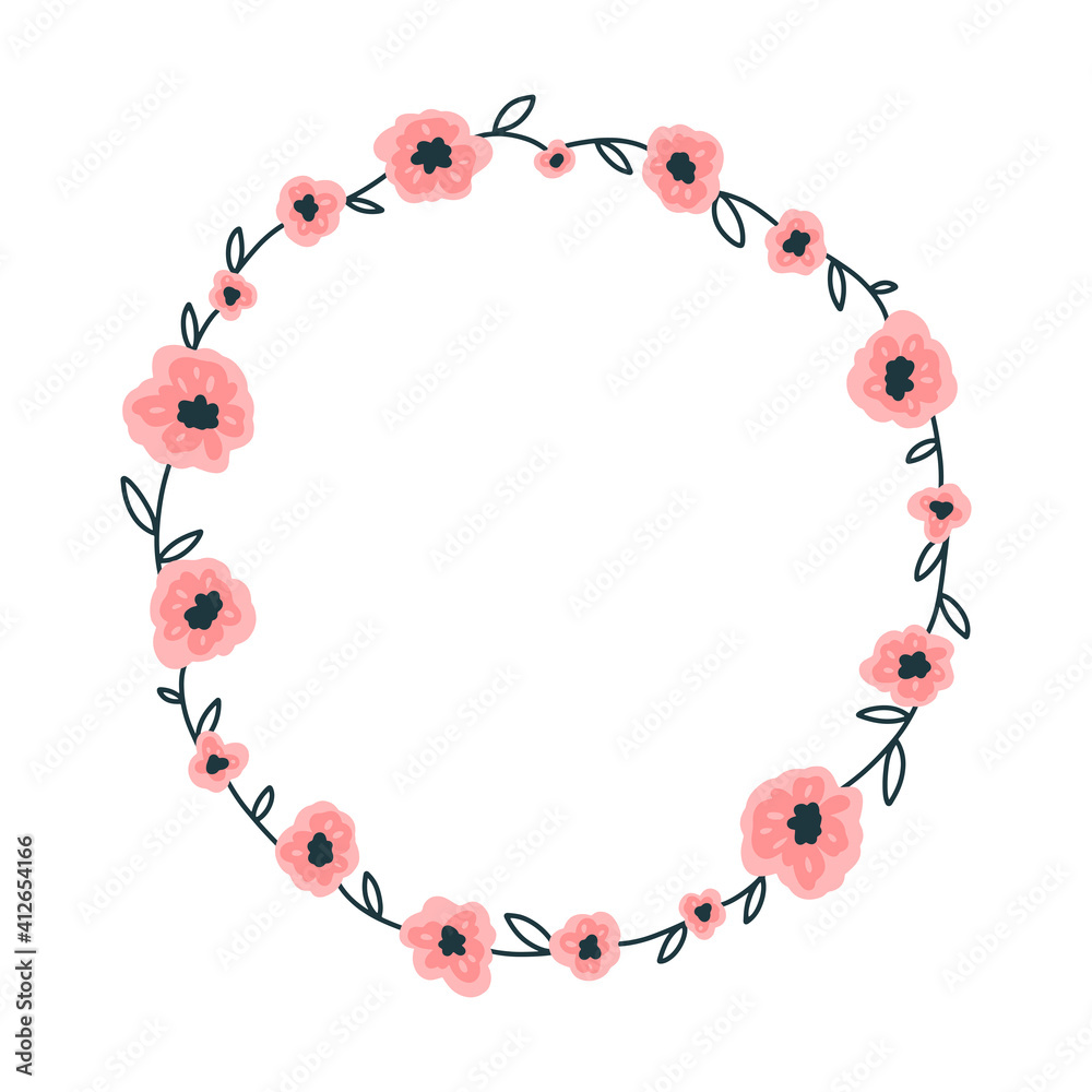 Round floral frame template with cute wildflowers. Simple cartoon hand-drawn style. Pretty ditsy Scandinavian doodle. Vector isolated on a white background. Spring illustration.