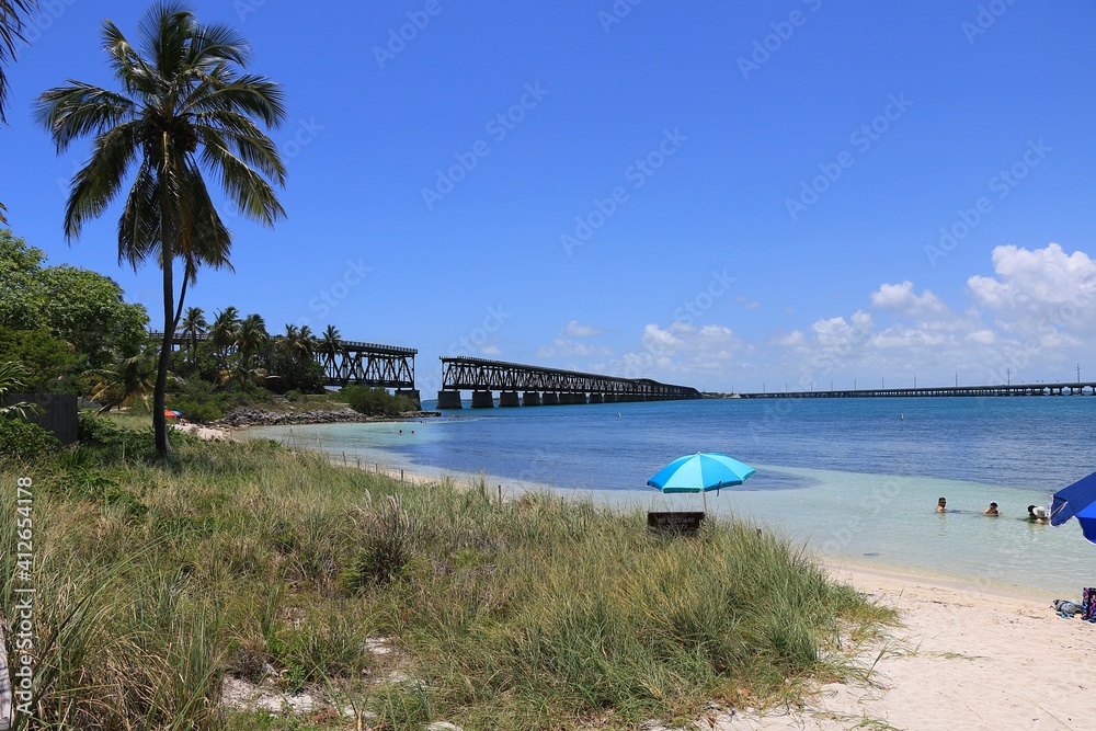 Florida Keys, Florida, United States. View of the beach and the famous interrupted bridge inside Bahia Honda State park.