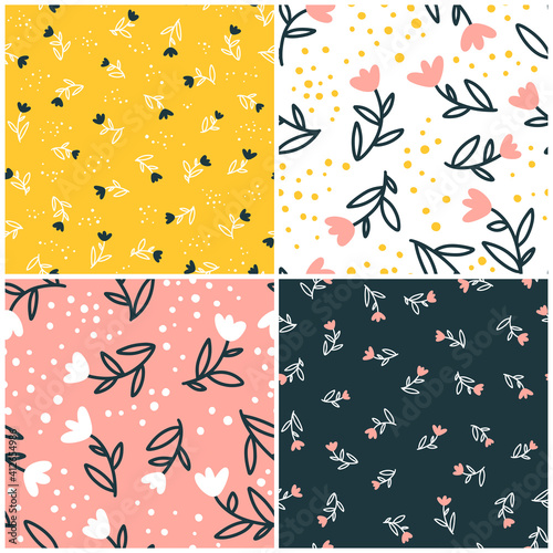 Collection Floral seamless pattern with cute small flowers. Simple doodle hand-drawn style. Motifs scattered liberty. Pretty ditsy for Millefleurs fabric, textile, wallpaper. Vector Digital paper.