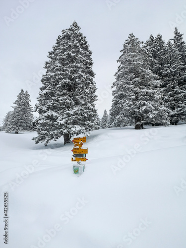 A trekking direction sign high up on the Swiss Alps covered in fresh powder snow near Davos