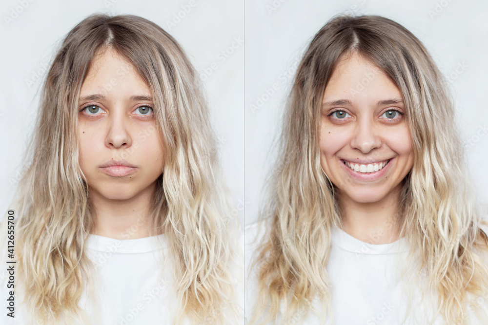 Two portraits of a caucasian beautiful blond girl with wavy hair in a white t-shirt: sad and cheerful. Before and after. A smile affects appearance. Real sincere emotions. Isolated white background Two portraits of a caucasian beautiful blond girl with wavy hair in a white t-shirt: sad and cheerful. Before and after. A smile affects appearance. Real sincere emotions. Isolated white background