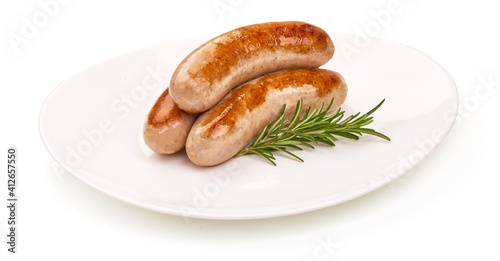 Grilled Munich Sausages, close-up, isolated on white background