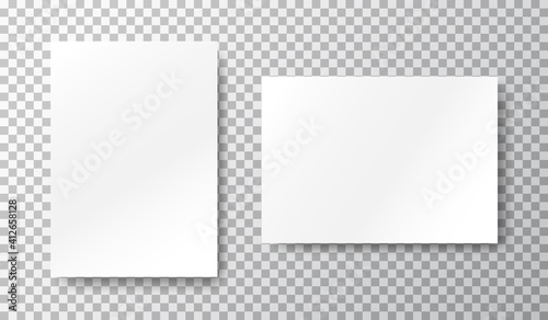 Blank mockup set on transparent background. White sheets of paper. Realistic brochure A4. Notebook with place for text. Closed vertical book, letter page. Empty page. Vector illustration
