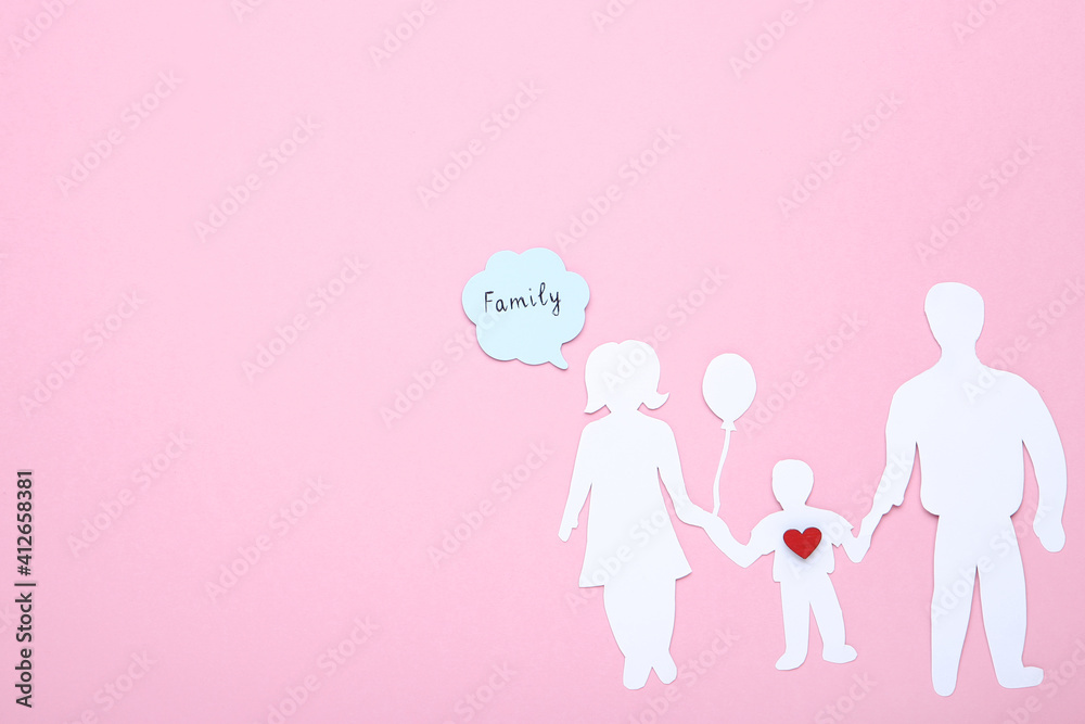 Family figures with red heart and speech bubble on pink background Family figures with red heart and speech bubble on pink background