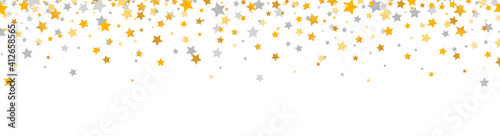 Golden and gray stars border. Celebration long banner. Gold and silver shooting stars. Glitter elegant design elements. Magic decoration. Christmas texture. Home decor. Vector illustration