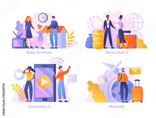 Millennials, Generation Z, Baby boomers, Generation X concept. Collection for web banner, infographics, mobile app. Set of flat cartoon vector illustrations isolated on white background photo