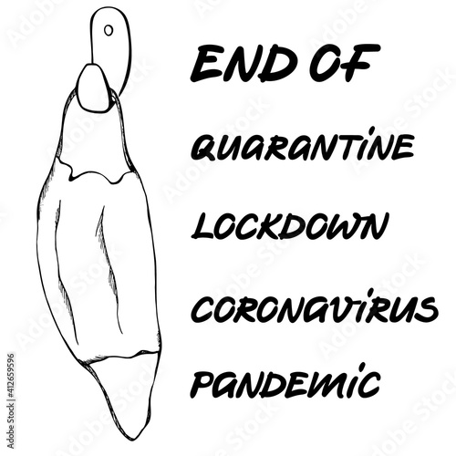 End of lockdown illustration with lettering black on white. Hang the mask on the hook hand drawn image  reference to the end of pandemiс of coronavirus and returning back to usual life