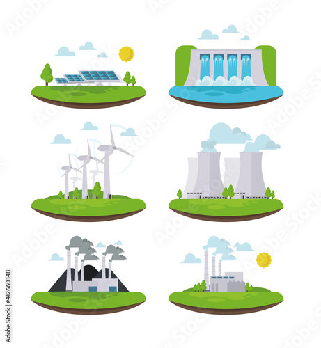 eco power vector illustration icons types energy generation. set icons renewable alternative energy. Inergen sun, wind, water, resources. set a windmill, solar battery,coal ,nuclear, Hydropower