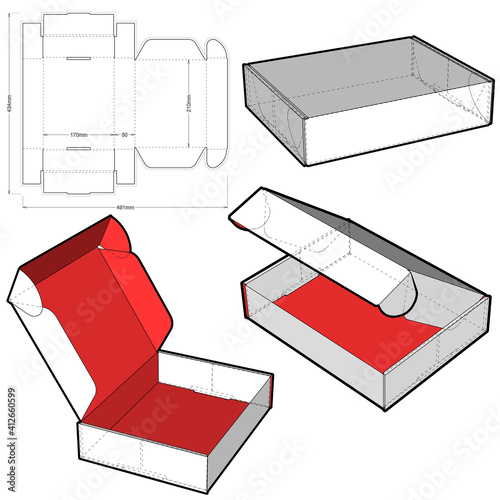 Cardboard box for sending mail. Flute Type E  (Internal measurement 21 x 17 + 5 cm) and Die-cut Pattern. Ease of assembly, no need for glue.  The .eps file is full scale and fully functional.