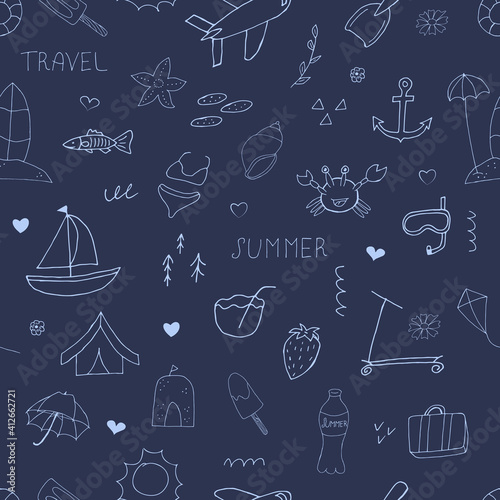 Summer set seamless pattern. Vector illustration with random elements. Design for prints and cards.