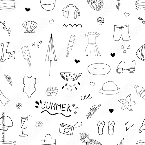 Summer set seamless pattern. Vector illustration with random elements. Design for prints and cards.