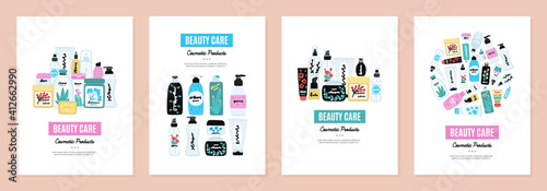 Set of cover templates with colorful cosmetic products. Backgrounds with natural cosmetics. Beauty care. Designs is for notebook, planner, diary, poster, card. Size A4. Vector illustration