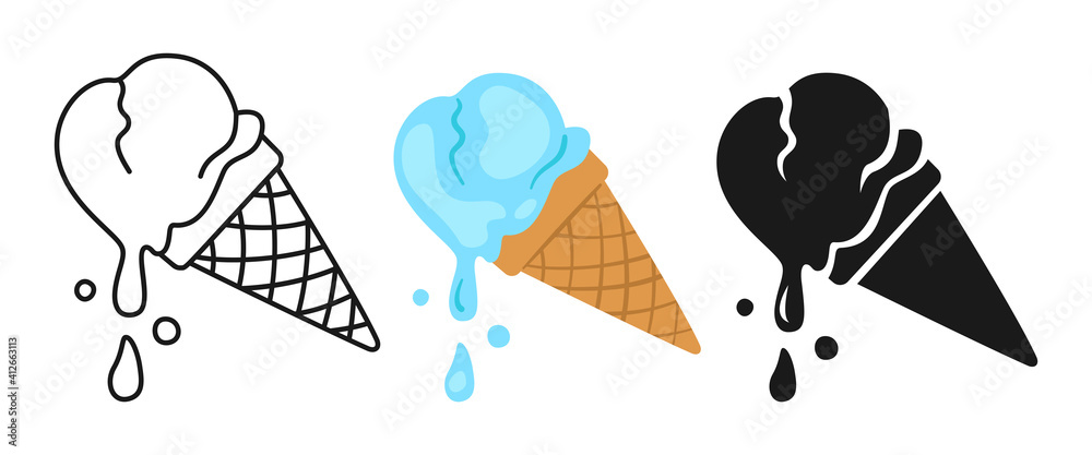 Blue ice cream bubble gum cartoon set, line icon and black glyph style