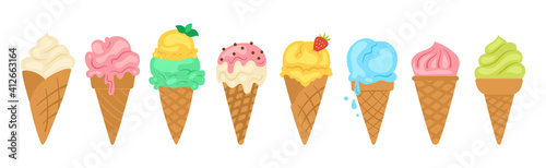 Ice cream bright cartoon set. Vanilla ice cream cone fruit, mint, berry pistachio and strawberries. Kawaiicute summer collection sweet food. Isolated cute dessert vector illustration