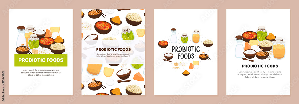 Set of backgrounds with probiotic foods. Best sources of probiotics. Beneficial bacteria improve health. Designs is for brochure, menu, advertising flyer, booklet about diets, healthy proper nutrition
