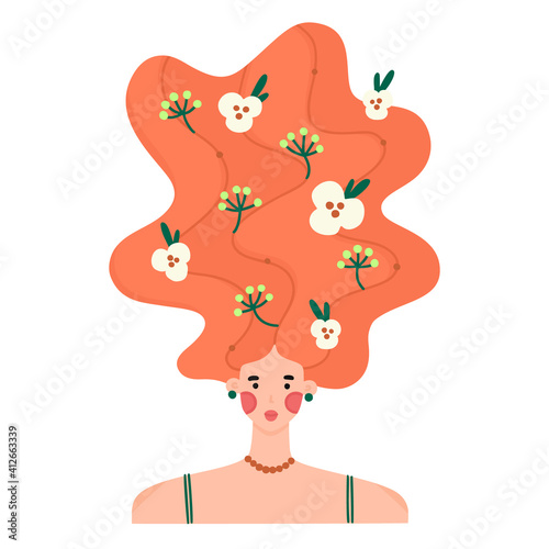 Portrait of girl with raised wavy hair decorated with many flowers. Floral hairpins. Woman with blooming hairstyle. Spring character. Beauty salon brochure, shampoo label, print for postcard. Vector