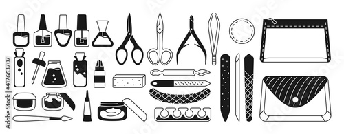 Manicure equipment monochrome set. Black glyph polishing nails, polish, file, tweezers, hand cream, scissors, oil, nippers. Manicure tools design elements beauty and Spa concept trendy vector