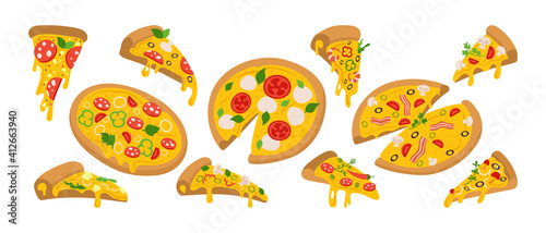 Pizza slices cartoon set. Pizzas pieces for Italian retro menu. Margarita and hawaiian, pepperoni or seafood, mexican collection. Hand drawn pizza with greens, pepper, tomato, olive. Vector collection