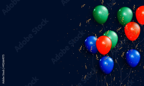 Blue green and red balloon with golden confetti and glitter.