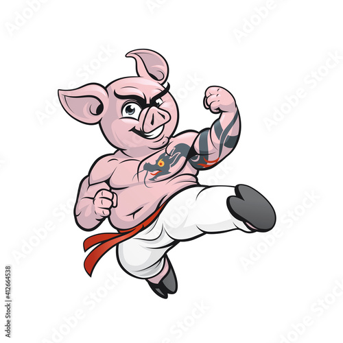 Cartoon pig karate fighter doing a flyling kick
