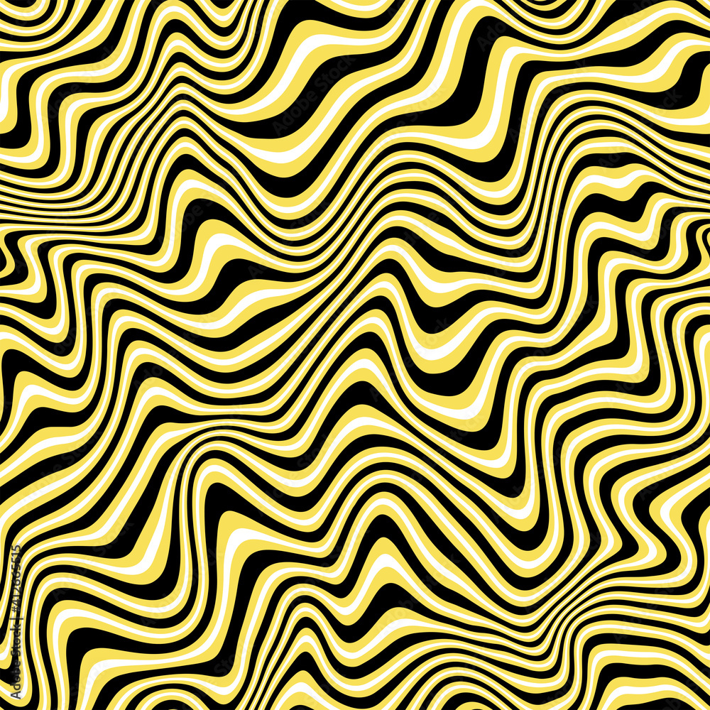 Obraz premium Vector seamless pattern. Abstract texture with bold monochrome wavy stripes. Creative distorted background. Decorative black, white, Illuminating yellow and grey design.