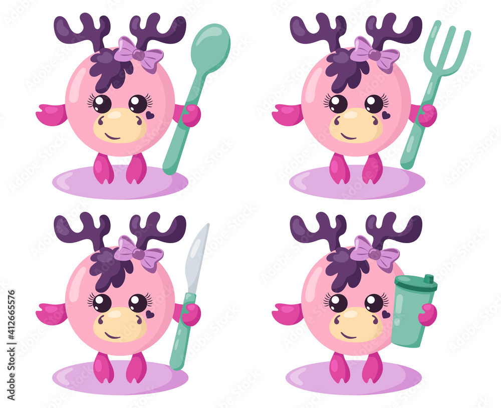 Obraz premium Set of funny cute kawaii moose or deer with round body, spoon, fork, knife and cup in flat design with shadows. Isolated animal vector illustration with cutlery