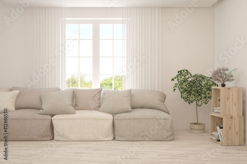 White living room with sofa. Scandinavian interior design. 3D illustration