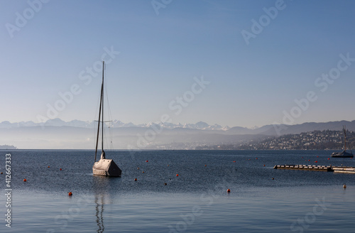Boats on a foggy day at Zurich lake, Switzerland