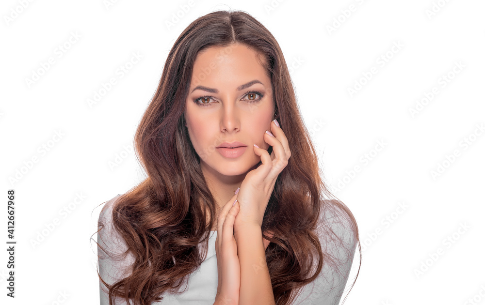 Beautiful brunette on a white background. Portrait of a lovely young woman. Beautiful brunette on a white background. Portrait of a lovely young woman.