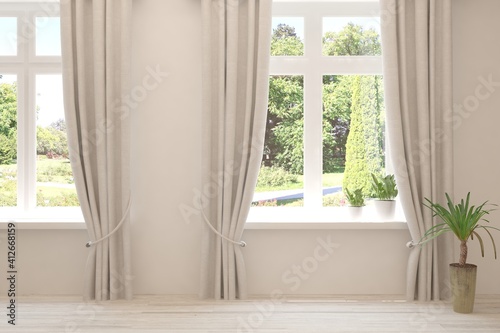 Stylish empty room in white color with summer landscape in window. Scandinavian interior design. 3D illustration