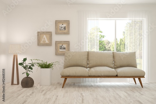 White living room with sofa and summer landscape in window. Scandinavian interior design. 3D illustration