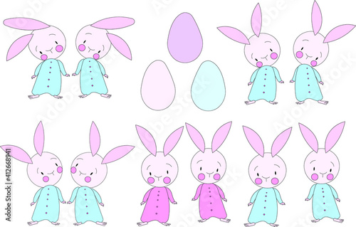 Set of Ten Cute Easter Bunny and Eggs - Happy Easter